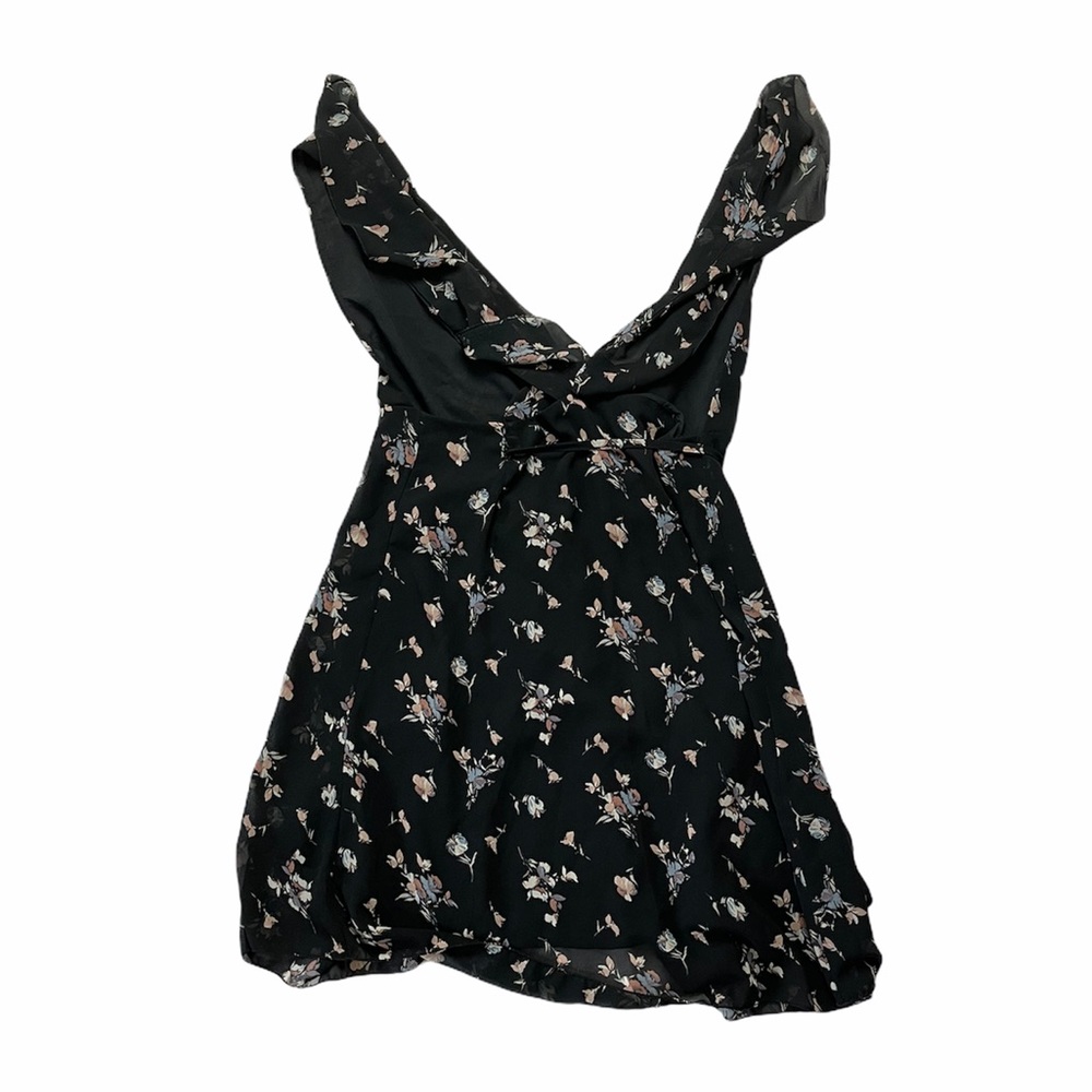 Black Small Floral Print Ruffle Mini Wrap Dress OS - Picture 3 of 11